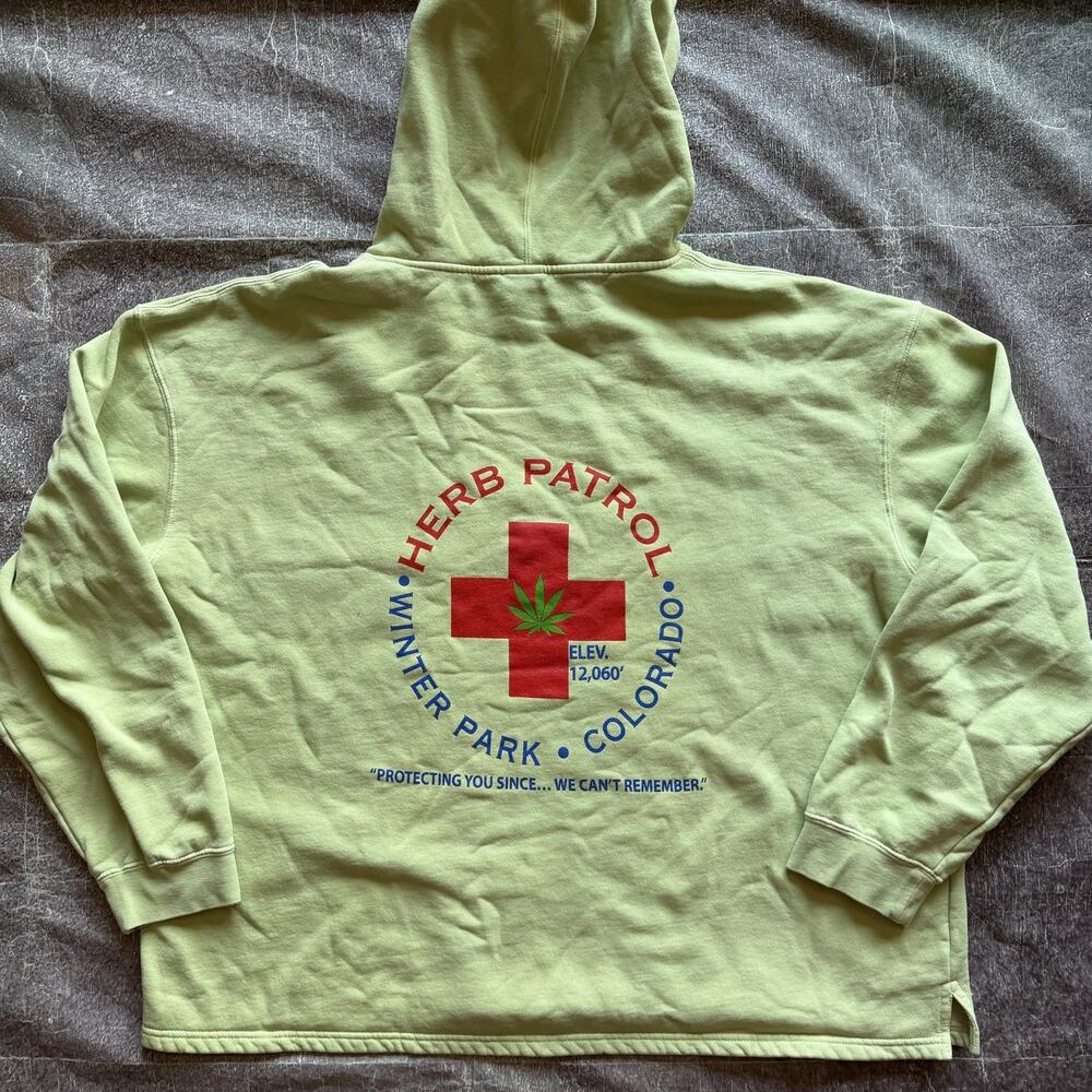 Mens Winter Park Ski Resort Herb Marijuana Patrol Green Hoodie Sweatshirt Sz 2XL